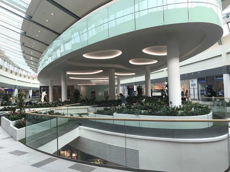 Photo: open mall in modern architecture, incidence of light through glazed roof, generous plant island in the middle, view into the lower level through glass balustrade with wooden railing